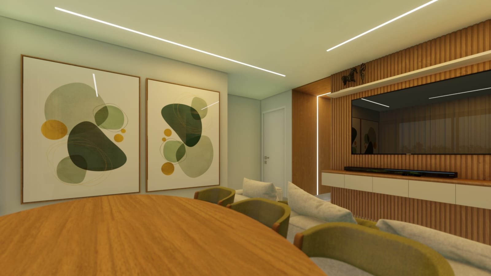Sala de TV com painel ripado em madeira