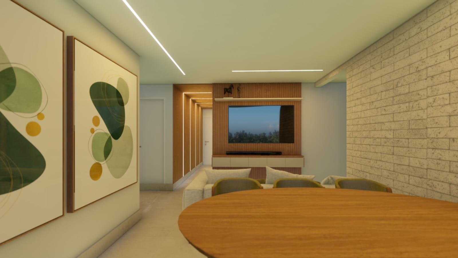 Sala de TV com parede em tijolinho branco